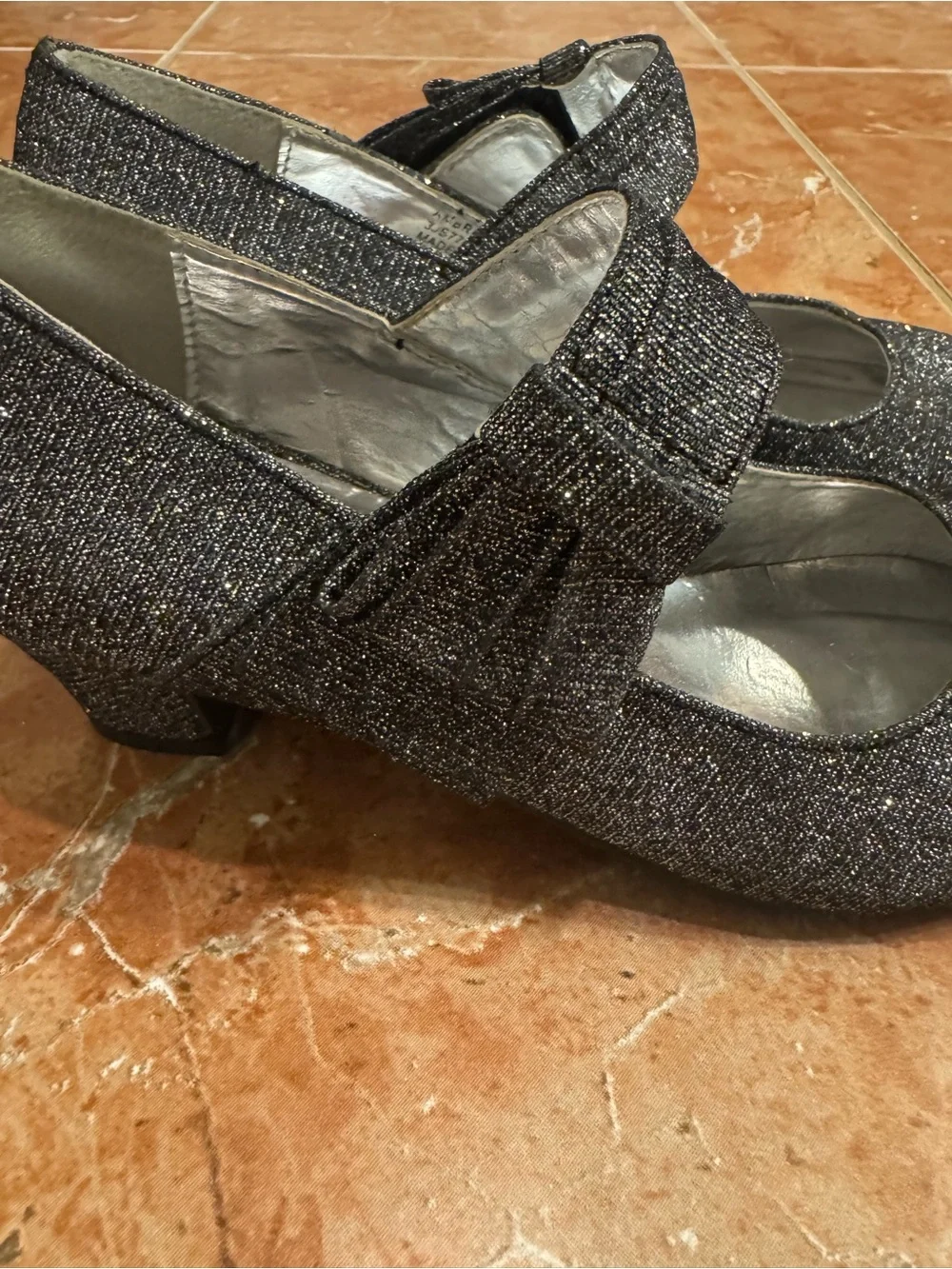 Jessica Simpson Girls Black Glitter Mary Jane Block Heel Dress Shoes Bow Size 3